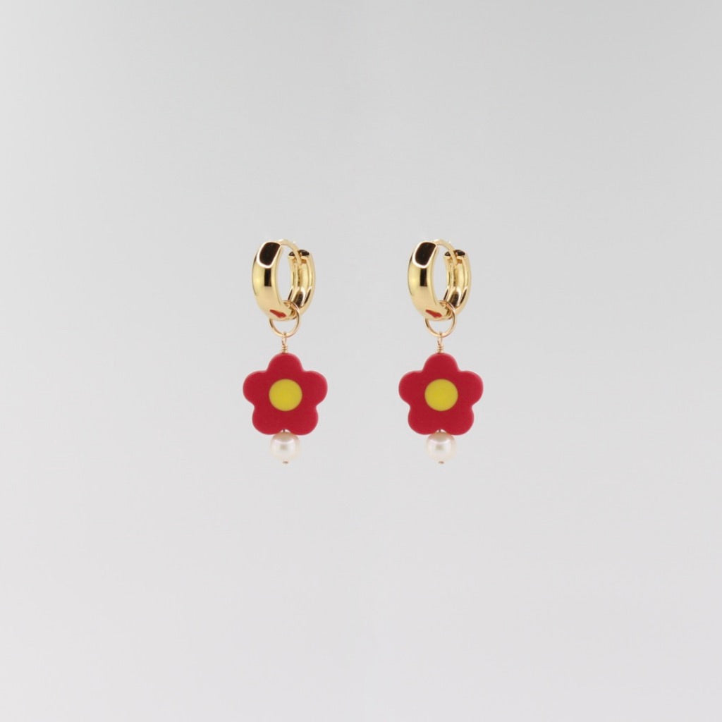 Crimson Daisy Pearl Charm Earrings