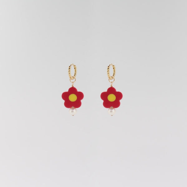 Crimson Daisy Pearl Charm Earrings